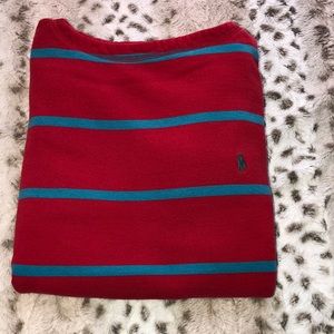 Ralph Lauren sweatshirt. Red and turquoise striped. Gently used. Size small